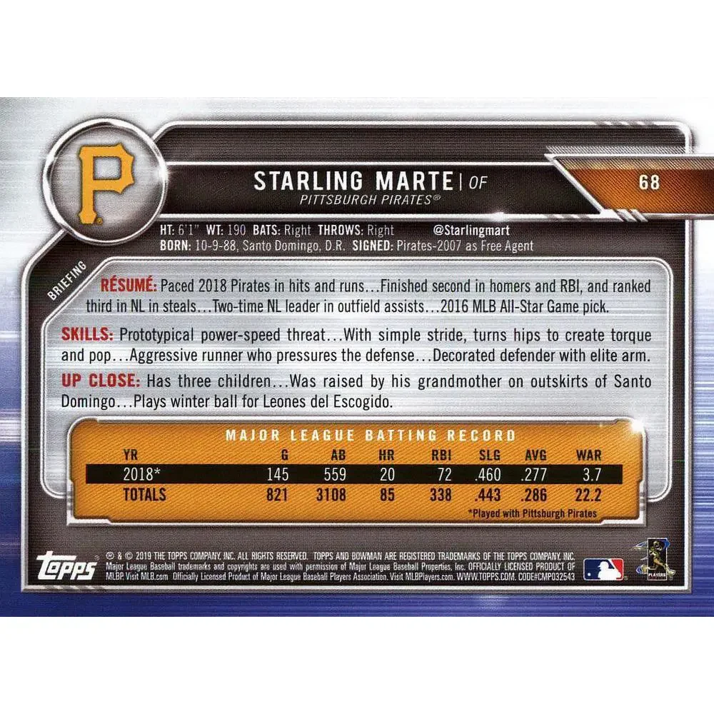 2019 Bowman Starling Marte #68 Pittsburgh Pirates